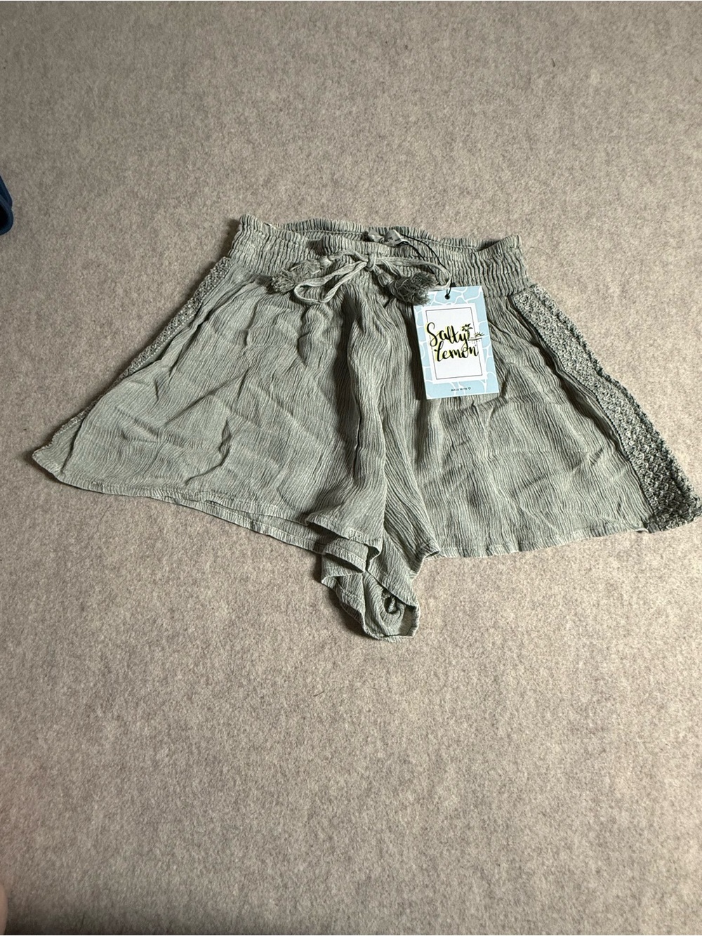 Salty Lemon Olive Green High-Waist Smocked Crochet-Trim Shorts - Picture 2 of 8